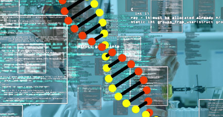 Image of science data processing over scientist in laboratory. global science, connections, data...
