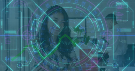 Image of data processing and scope scanning over diverse business people. global business,...