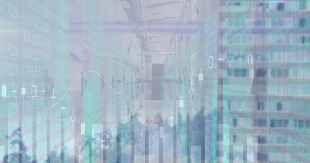 Image of financial data processing and server room over cityscape. global business, finances and...