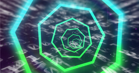 Image of tunnel with neon shapes over binary coding on black background. global technology, social media and digital interface concept digitally generated image.の写真素材