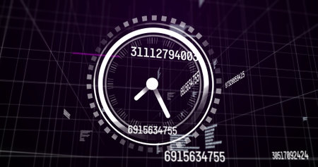 Image of clock moving over changing numbers on black background. time passing by, data processing...