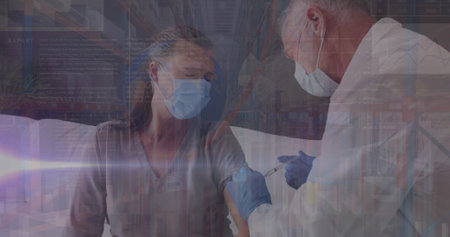 Image of data processing over caucasian woman wearing face mask. Medicine and healthcare services...
