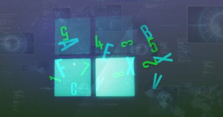 Image of letters and numbers with glowing squares over data processing. global finances, technology...