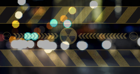 Image of nuclear symbol over cityscape. ukraine crisis and international politics concept digitally...