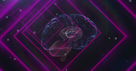 Image of brain and shapes on black background. retro future and digital interface concept digitally...
