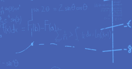 Image of mathematical equations on blue background. global science and digital interface concept...