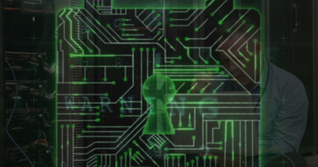 Security padlock and cyber security data processing against caucasian male engineer using laptop. cyber security technology conceptの写真素材