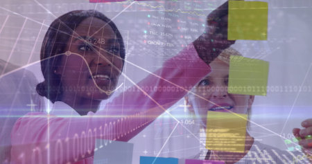 Image of financial data processing over diverse group of business people. global business, finances, digital interface and connections concept digitally generated image.の写真素材