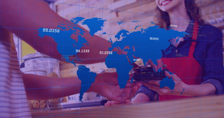 Image of data processing over biracial woman paying with smartphone. global business and digital...