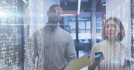 Image of moving columns over diverse business people. global business, technology and digital...