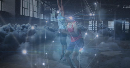 Image of data processing over african american male and female sports people exercising. global...