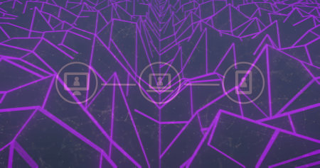 Image of network od connections with icons over shapes on black background. global technology, light and pattern concept digitally generated image.の写真素材