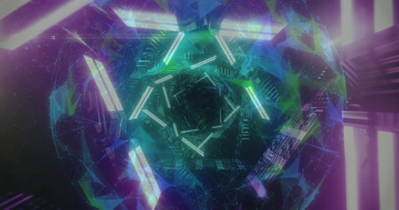 Image of neon shapes rotating over globe. digital interface and technology concept digitally...