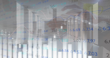 Image of financial data processing over caucasian woman using typing on keyboard and cityscape....