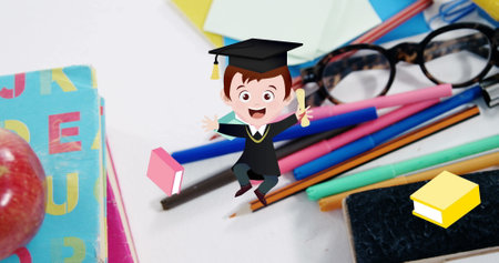 Image of excited schoolboy and colourful books moving over coloured pens and school stationery. school, education and study concept digitally generated image.の写真素材