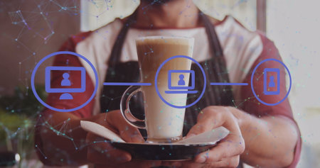 Image of network of connections with icons over caucasian man holding coffee. global connections, computing and digital interface concept digitally generated image.の写真素材