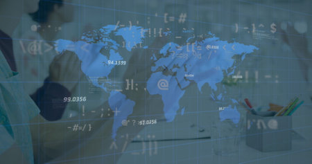 Image of world map and data processing over diverse business people in office. global business,...