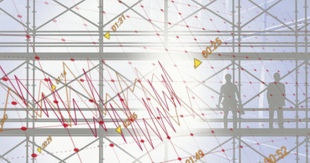 Image of financial data processing over office building. global business, finance, digital interface...