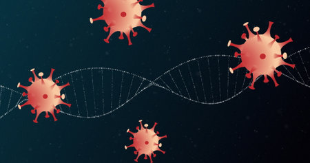 Image of covid 19 cells moving and dna strand spinning. global covid 19 pandemic and healthcare...