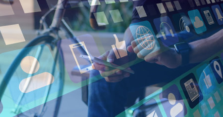 Image of media icons over caucasian man using smartphone. social media and communication interface...