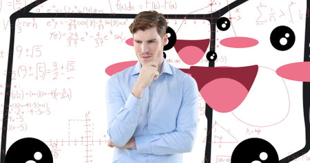 Image of caucasian businessman thinking on white background with graffiti and math symbols....