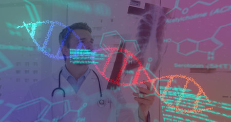Image of data processing and dna strand spinning over caucasian male doctor. global medicine, research, healthcare, digital interface and data processing concept digitally generated image.の写真素材