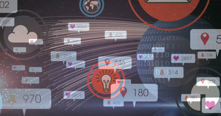Image of social media icons and numbers over binary coding globe. global social media, communication...