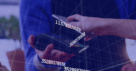 Image of data processing over diverse people paying with smartphone. global technology, connections and digital interface concept digitally generated image.の写真素材