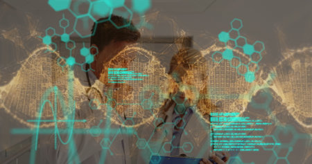 Image of data processing and dna strand over caucasian male and female doctor. global medicine,...