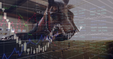 Image of financial graphs over horse head. agriculture, finance and economy concept digitally generated image.の写真素材