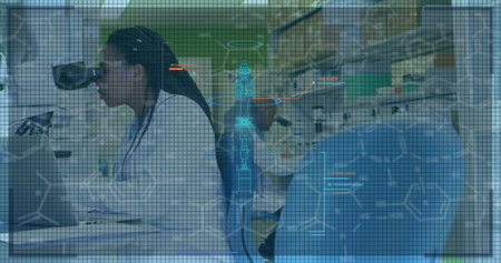 Image of data processing over african american female scientist in lab. global science and digital...