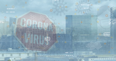 Image of virus icons over cityscape. global business and digital interface concept digitally...