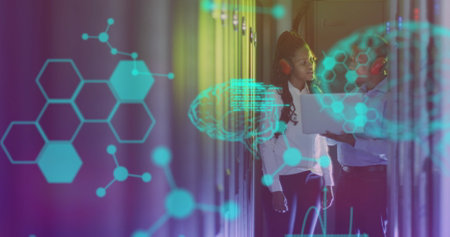 Image of data processing over african american workers in server room. global technology and digital...