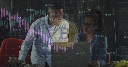 Image of data processing and bitcoin over african american workers in server room. global technology...