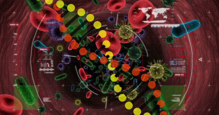 Image of dna strand and data processing over virus cells. global science, data processing and digital interface concept digitally generated image.の写真素材