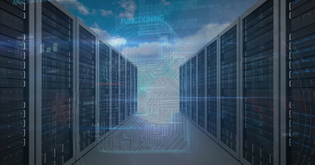 Image of digital padlock over servers and clouds. internet security, data safety and technology...