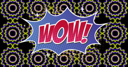 Image of wow text over shapes on black background. global social media, light and pattern concept digitally generated image.の写真素材