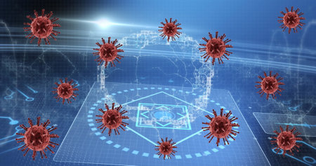 Floating red coronavirusâlike particles drifting in digital interface, with wireframe head hologram. Technology, data visualization, holography, cybersecurity, science, innovation, futuristicの写真素材