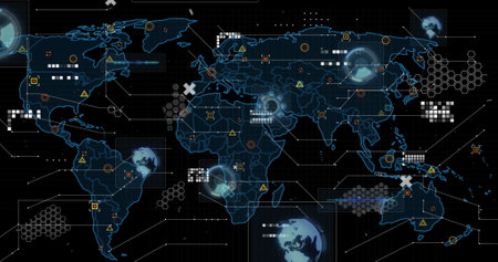 Image of scopes scanning, data processing and markers over world map. global connections and data...