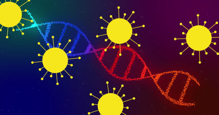 Image of covid 19 cells moving over dna strand spinning. global covid 19 pandemic and healthcare concept digitally generated image.の写真素材