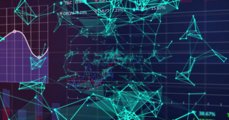 Image of financial data processing and networks of connections over black background. global...