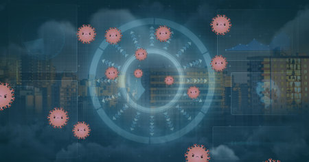 Image of covid 19 cells and scope with cityscape. global covid 19 pandemic and data processing...