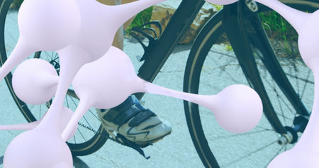 Image of molecules over caucasian woman cycling. global sport and digital interface concept...