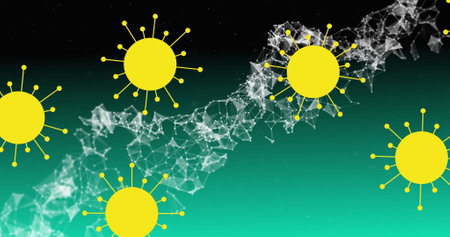 Floating white network mesh forming diagonal chain on gradient background, with yellow virus icons. Digital, futuristic, data, technology, infection, microbe, scientificの写真素材