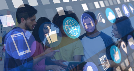 Image of media icons over diverse friends using tablet. social media and communication interface concept digitally generated image.の写真素材