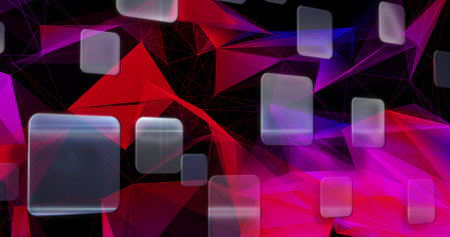 Image of screens moving over pink glowing network of connections. global connections and networks...