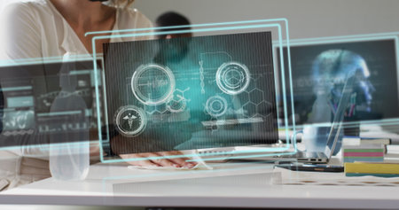 Image of data processing over caucasian woman disinfecting office. global business and digital...