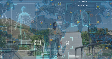 Image of data processing over man skateboarding. global business and digital interface concept...