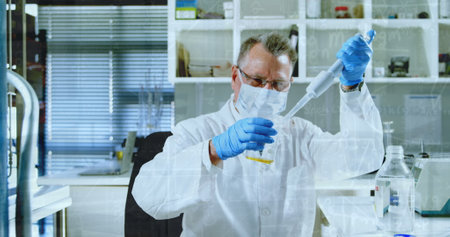 Image of chemical formulas over caucasian senior male lab worker in face mask with sample. science,...