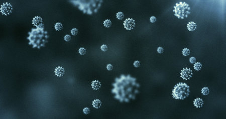 Image of virus cells on black background. global medicine and digital interface during covid 19...